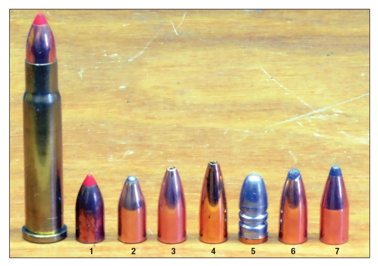 These bullets are adequately stabilized by the 1:16 twist of the Winchester Model 70 in 22 Hornet Improved: (1) Hornady 35-grain V-MAX, (2) Speer 40-grain SSP, (3) Nosler 40-grain Varmageddon HP, (4) Berger 40-grain Flatbase HP, (5) Lyman 44-grain 225438 cast, (6) Remington 45-grain PSP and (7) Hornady 45-grain Hornet.